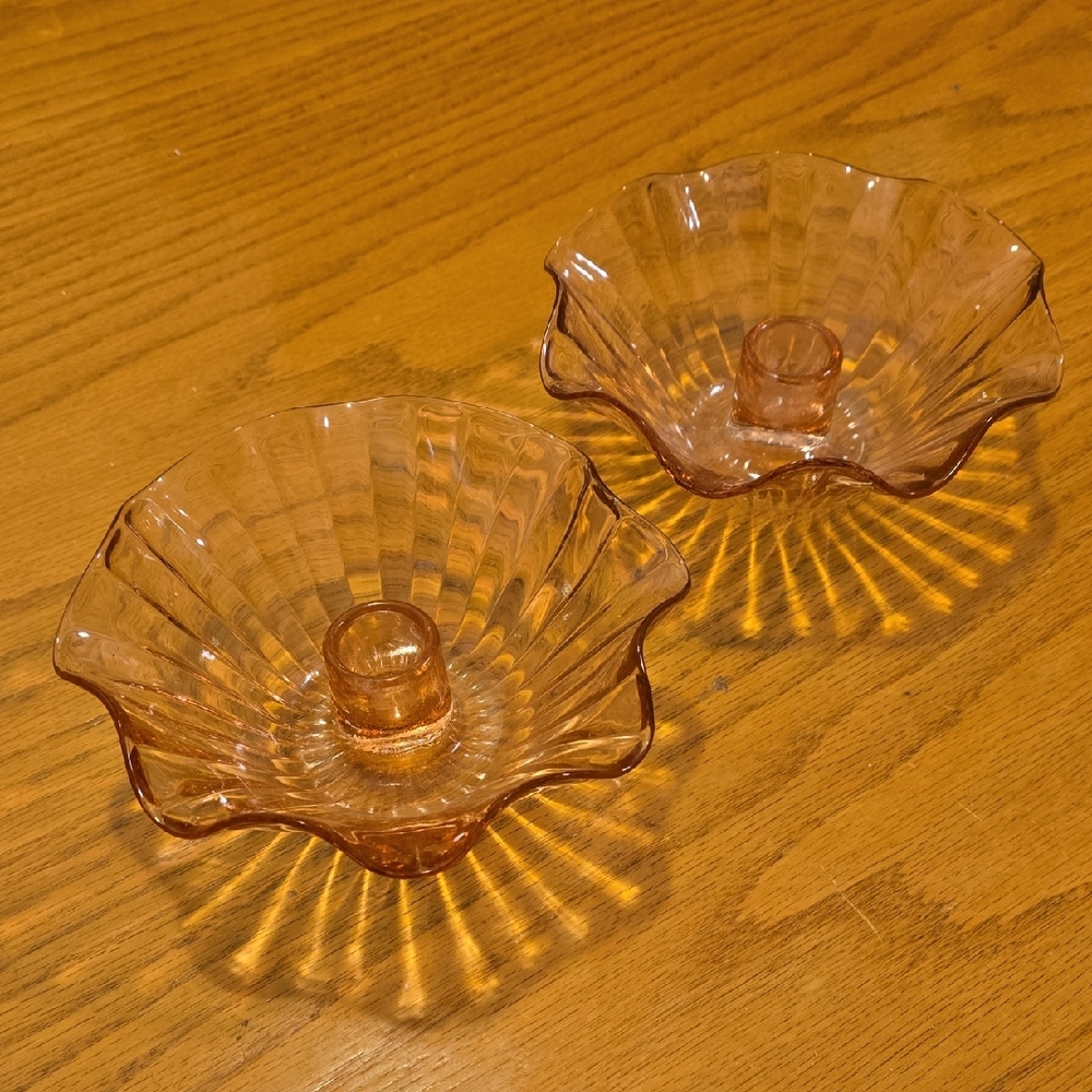 Vintage Anchor Hocking Pink Depression Glass Ruffled Candle Holders 1930s